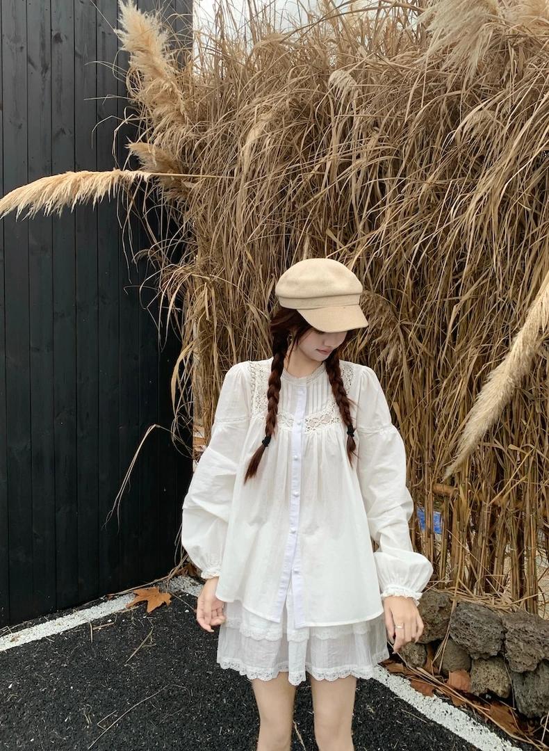 甜美学院风韩系蕾丝拼接设计感宽松花边衬衫圆领长袖单排扣上衣