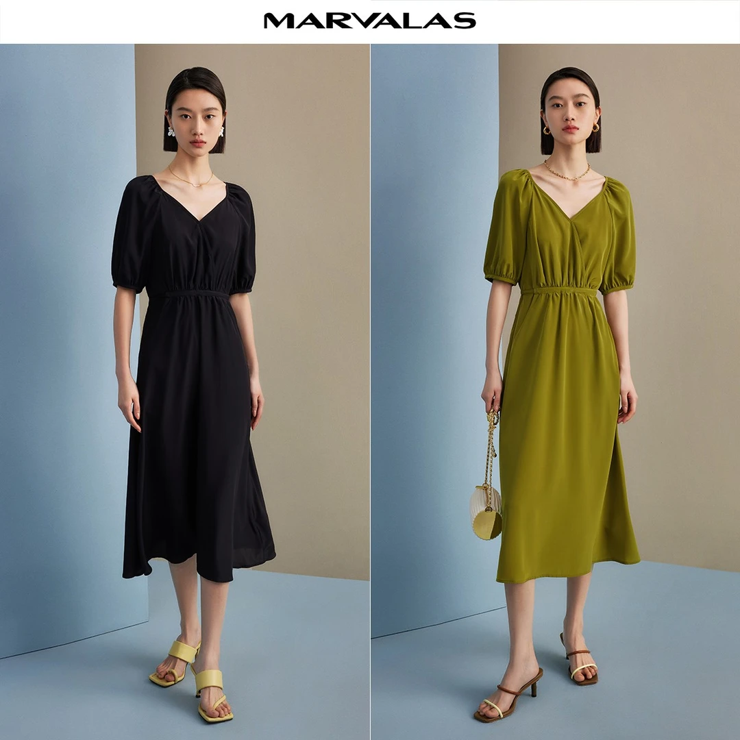 【羊羊专属】M534101203V领收腰连衣裙褶皱甜美泡泡袖短袖中长裙