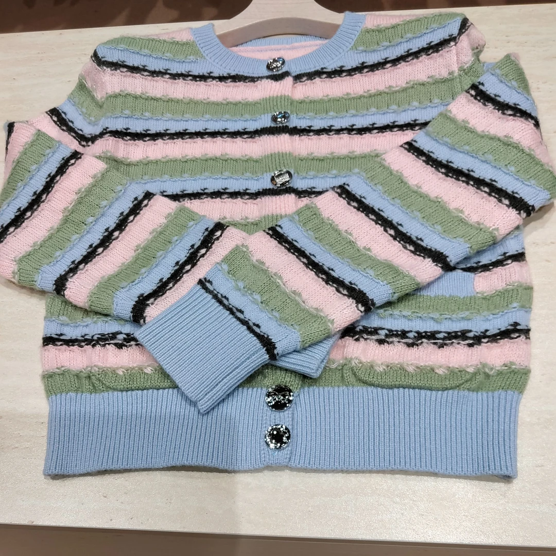 HW 印花女文艺厚款心形常规毛针织衫秋款条纹休闲开衫-2611