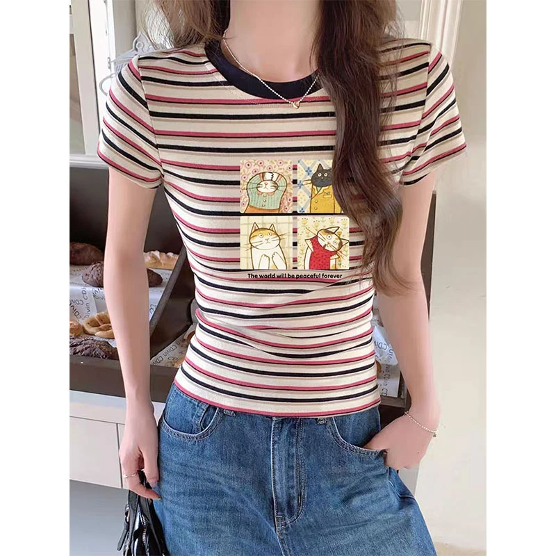 领口拼色条纹正肩圆领短袖t恤女装时尚百搭洋气减龄上衣2025夏季
