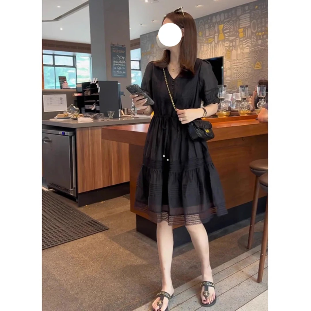 2025夏季大码女装胖mm气质法式显瘦连衣裙微胖妹妹遮肚藏肉小黑裙