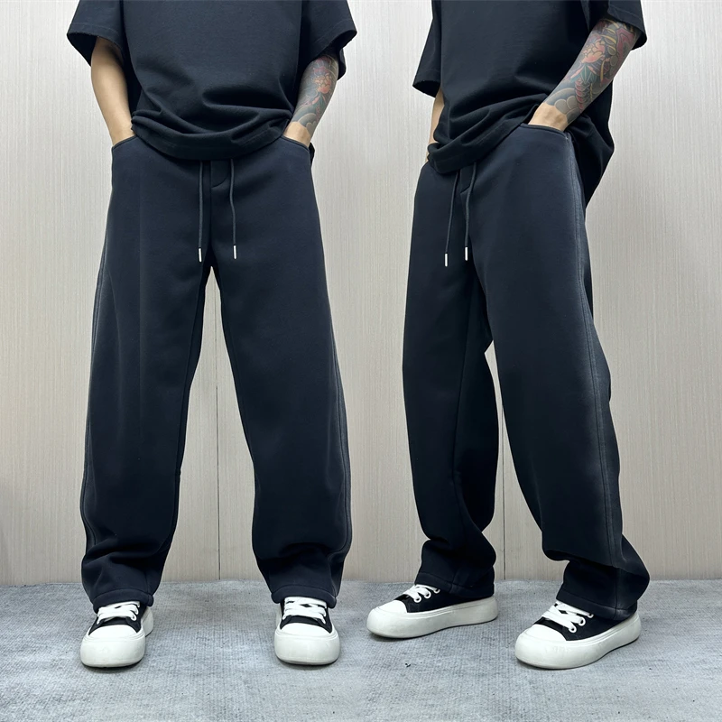 昊Studio冬季男士加绒立体阔腿弯刀时尚运动直筒潮流裤百搭休闲裤