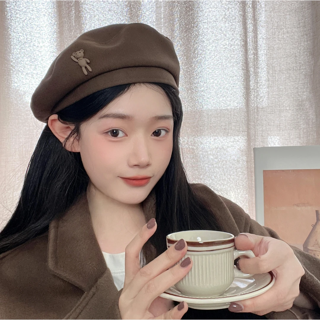 日系复古毛呢贝雷帽女显脸小韩系百搭卡通小熊秋冬时髦气质画家帽