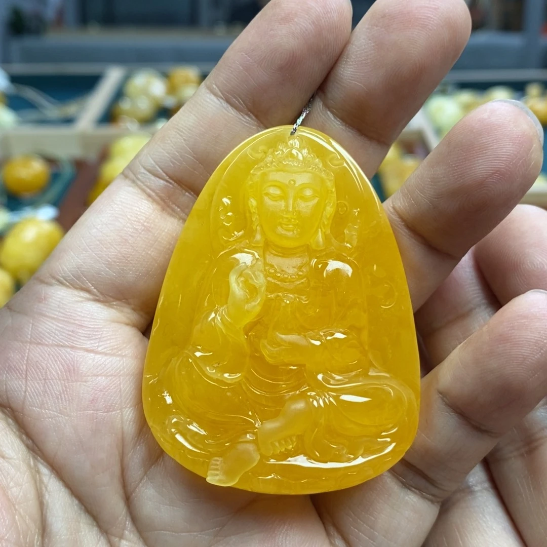 琥珀未镶嵌珠宝奇石鸡油红蜜蜡观音吊坠32.53
