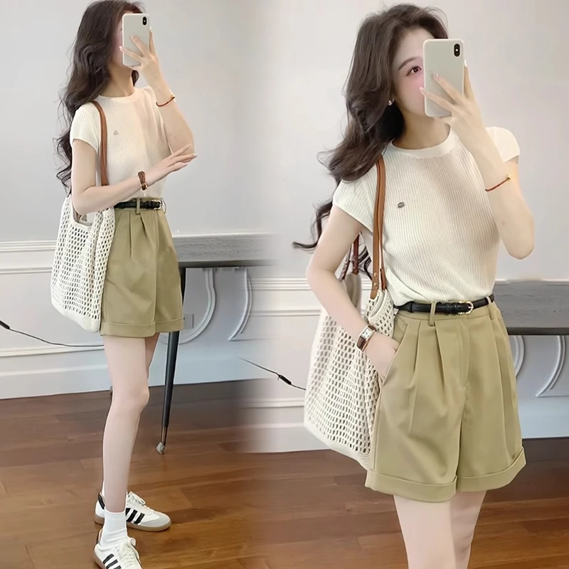 时尚套装女宽松夏季新款圆领白色针织衫搭配休闲阔腿短裤两件套