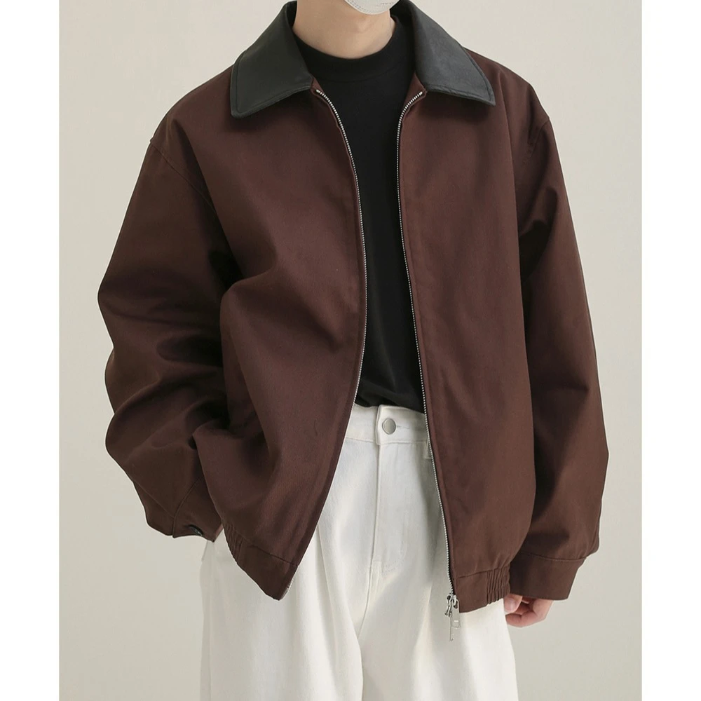 百搭棕咖皮领拼接工装外套男春秋设计感小众双拉链机车工装风拉链