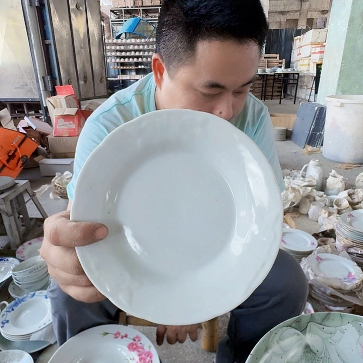 景德镇高温陶瓷7寸水点桃花暗刻纹浅盘10个
