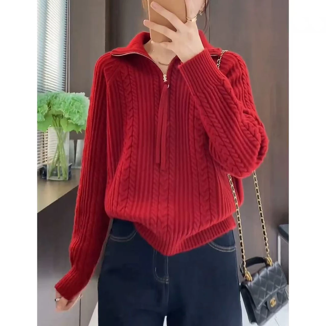 丽姐家~麻花半拉链红显针织时尚百搭高领秋冬拉链开衫上衣