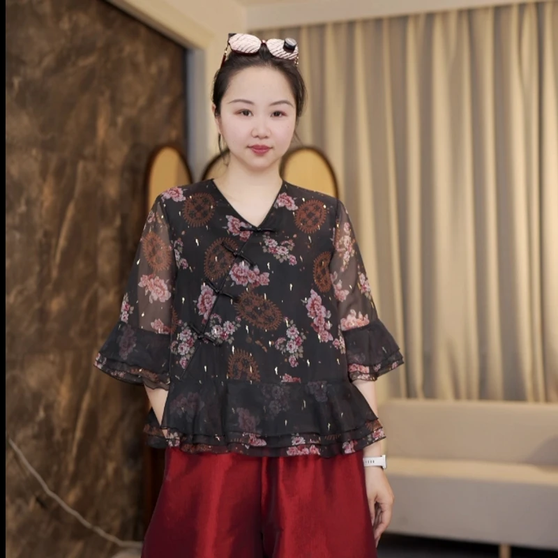 欣欣轻奢月华浓 【崇瓣蔷薇】夏季薄款国风轻奢斜襟小衫上衣女XH449