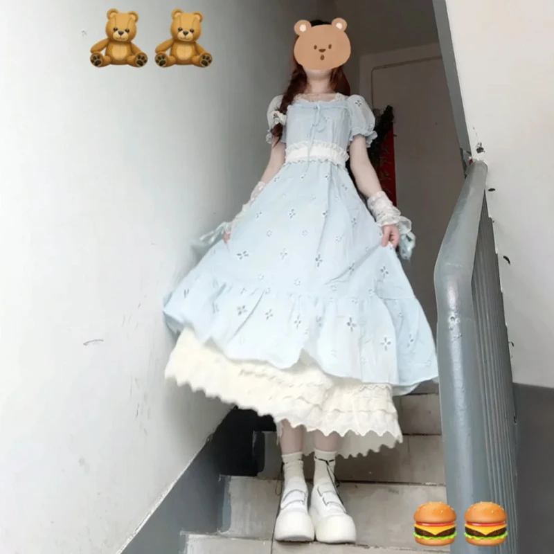 4054茶歇法式蓝色泡泡袖连衣裙子女夏2025新款气质碎花长裙