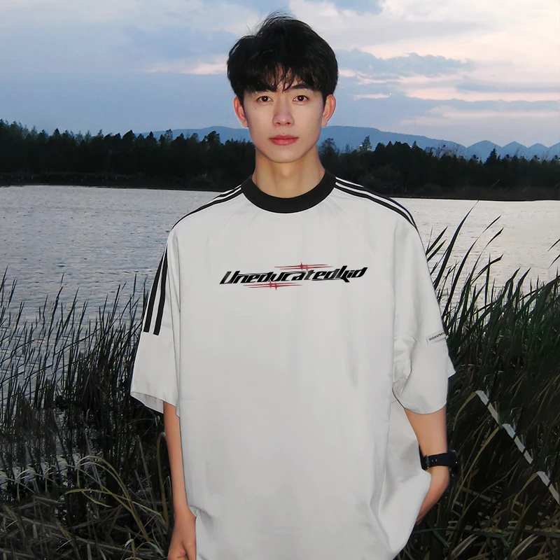 三条杠短袖男款夏季五分袖美式复古半袖男重磅纯棉插肩袖T恤男士