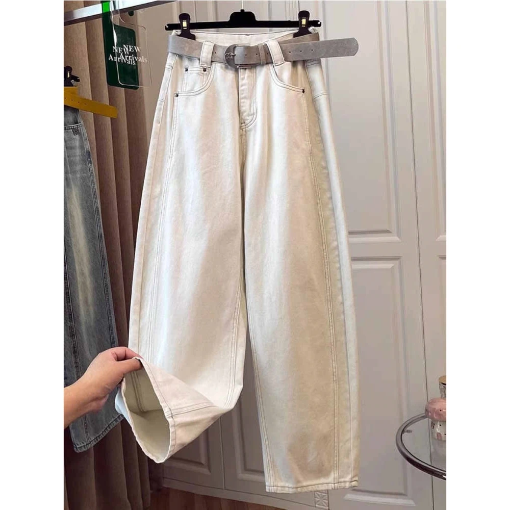 大码白色弯刀牛仔裤女2025春季新款宽松高腰镰刀萝卜香蕉阔腿裤子