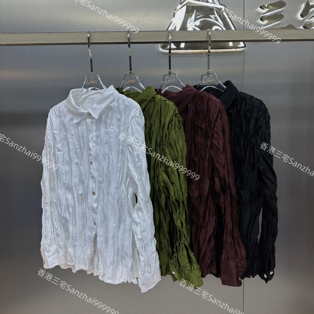大码褶皱春秋新款纯色重工缎面衬衫百搭休闲宽松显瘦高级感T恤