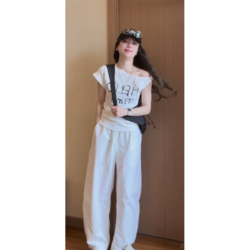 夏季新款修身显瘦气质时尚设计感韩系字母印花斜肩上衣休闲长裤女
