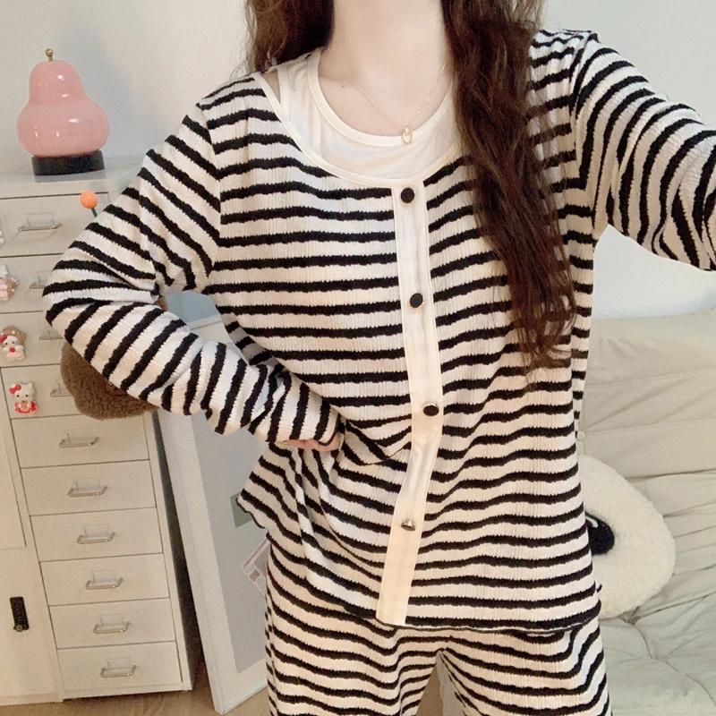 【带胸垫一体】韩系条纹睡衣女2025新款春秋季亲肤棉长袖家居服套装