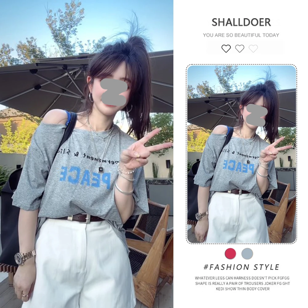 露肩字母短袖T恤女装2025年夏季新款时尚百搭休闲宽松设计感上衣