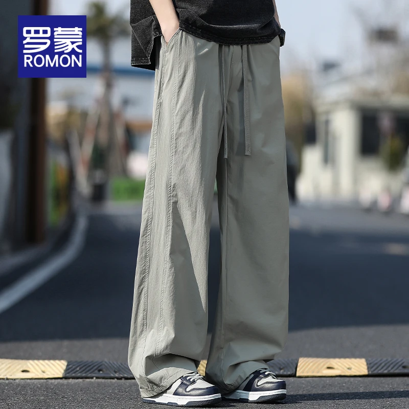 罗蒙男士潮牌阔腿休闲裤男款夏季薄款2025新款宽松垂感拖地裤子男