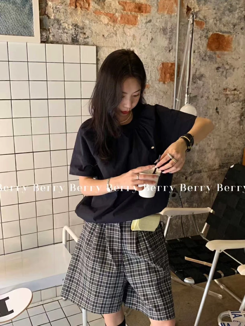 【NO退NO换】韩系圆领纯色气质短袖衬衫8808  衣长60