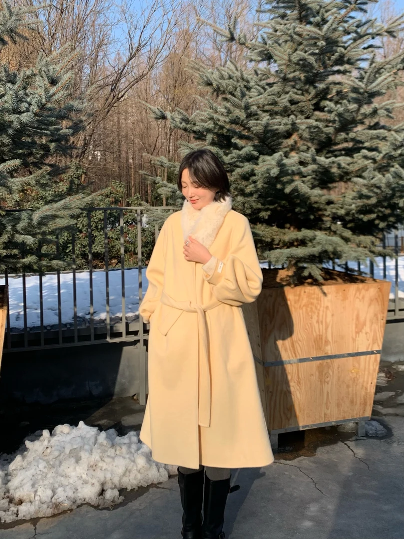 CozyFriday【奶酪陷阱】鹅黄圆领呢子大衣长款宽松法式气质（带毛领）