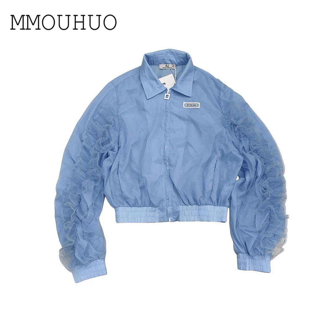 深圳MMOUHUO新款网纱拼接翻领拉链抽褶防晒外套