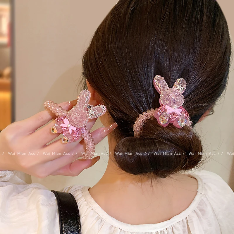 高级感粉色水晶兔子发圈女轻奢两用款扎丸子头发饰时尚盘丸子头绳