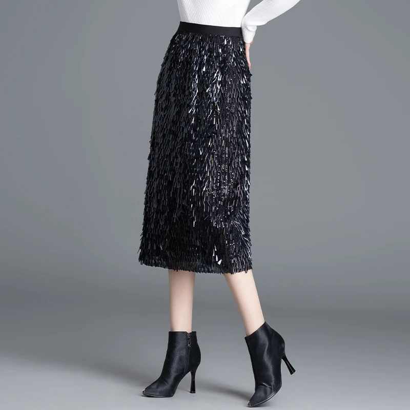 时髦超炫幻彩流苏亮片高腰包臀裙半身裙重工修身一步裙中长直筒裙
