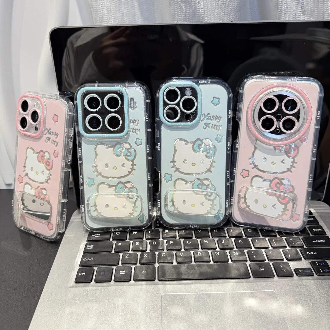 蓝粉可爱猫支架适用苹果/华为/荣耀/OPPO/VIVO/小米手机壳防摔