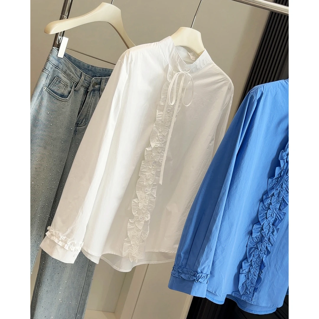 韩系小众设计感木耳边绑带立领宽松衬衫女春2026新款时尚百搭上衣