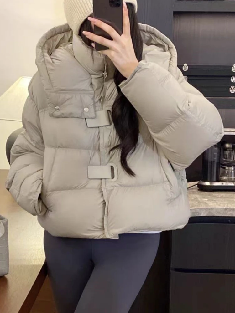 【济州岛】连帽拼皮纽扣 短款羽绒服86D329