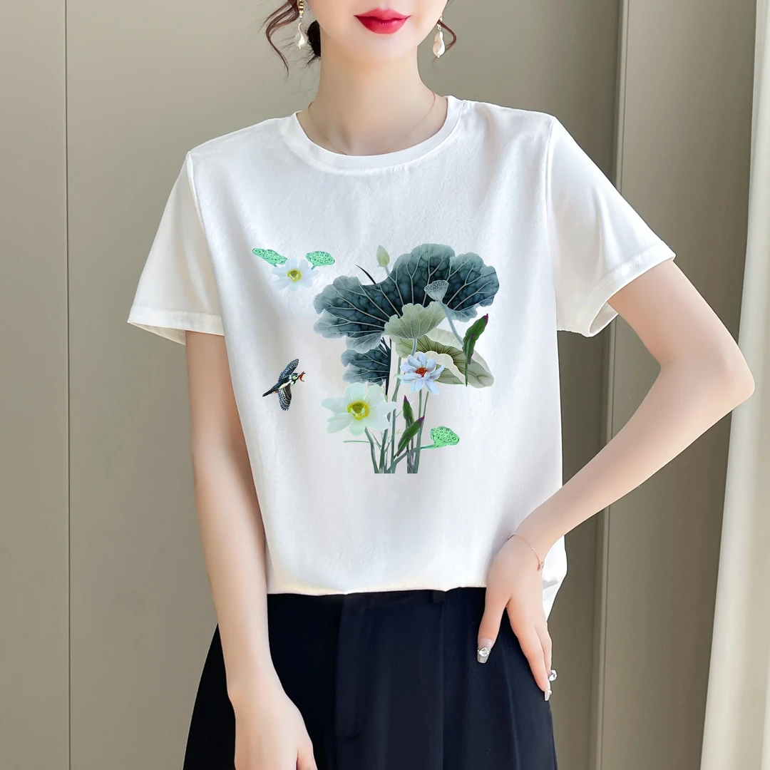 新款丝滑缎面冰凉感百搭时尚休闲女T恤AB拼接短袖1421