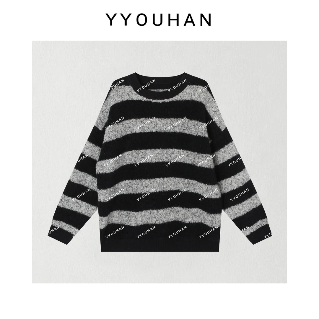 月月不吃鱼 小众设计极简风显瘦百搭宽松条纹毛衣外套 2412B6007
