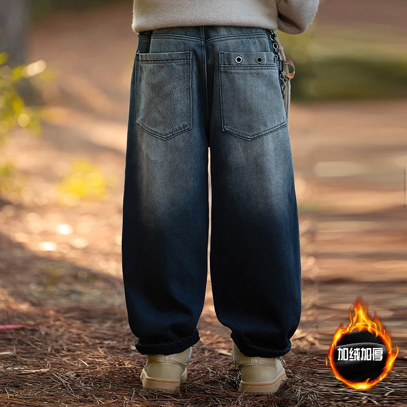 男童加绒裤子秋冬2024新款大儿童冬季一体绒阔腿牛仔裤加厚帅气潮