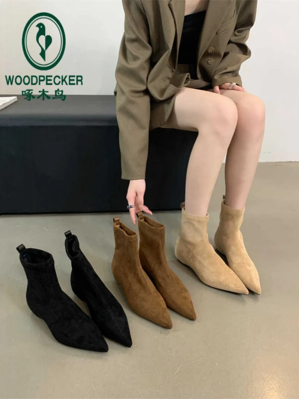 啄木鸟内增高马丁靴女2025秋季新款尖头瘦瘦弹力靴气质坡跟小短靴