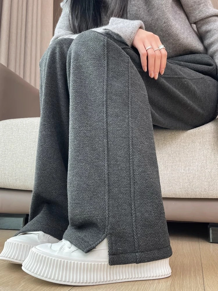 毛呢加绒阔腿裤女秋冬季开叉卫裤休闲人字纹直筒宽松窄版香蕉裤女