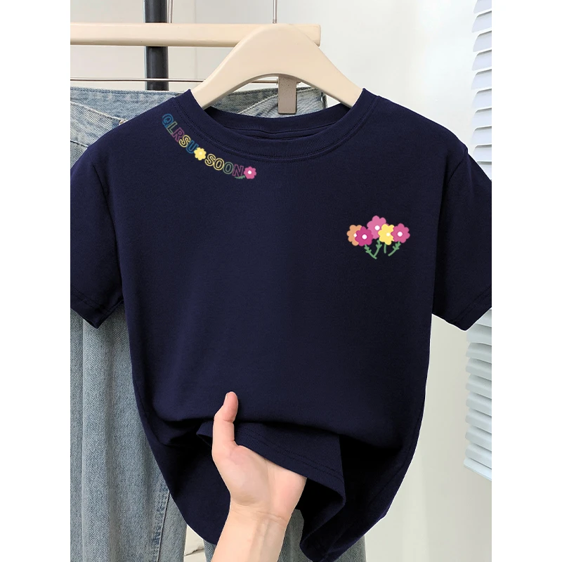 2025小个子新款夏季短袖t恤女藏青色减龄印花休闲设计感小众上衣