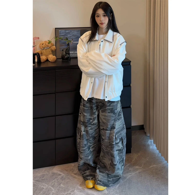 小香风白色垫肩外套男秋季美式复古翻领拼接手缝线短款飞行员夹克