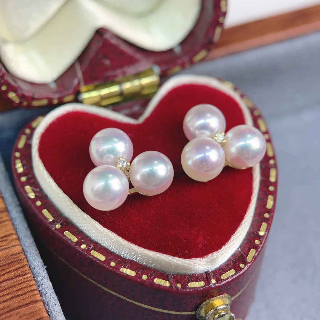 18K金带钻海水akoya耳钉4-5MM GD165