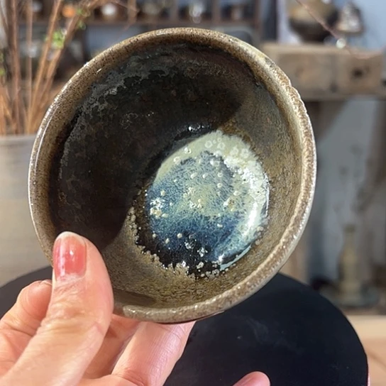 #1723柴烧裸烧窑底蓝彩杯微失圆介意慎拍