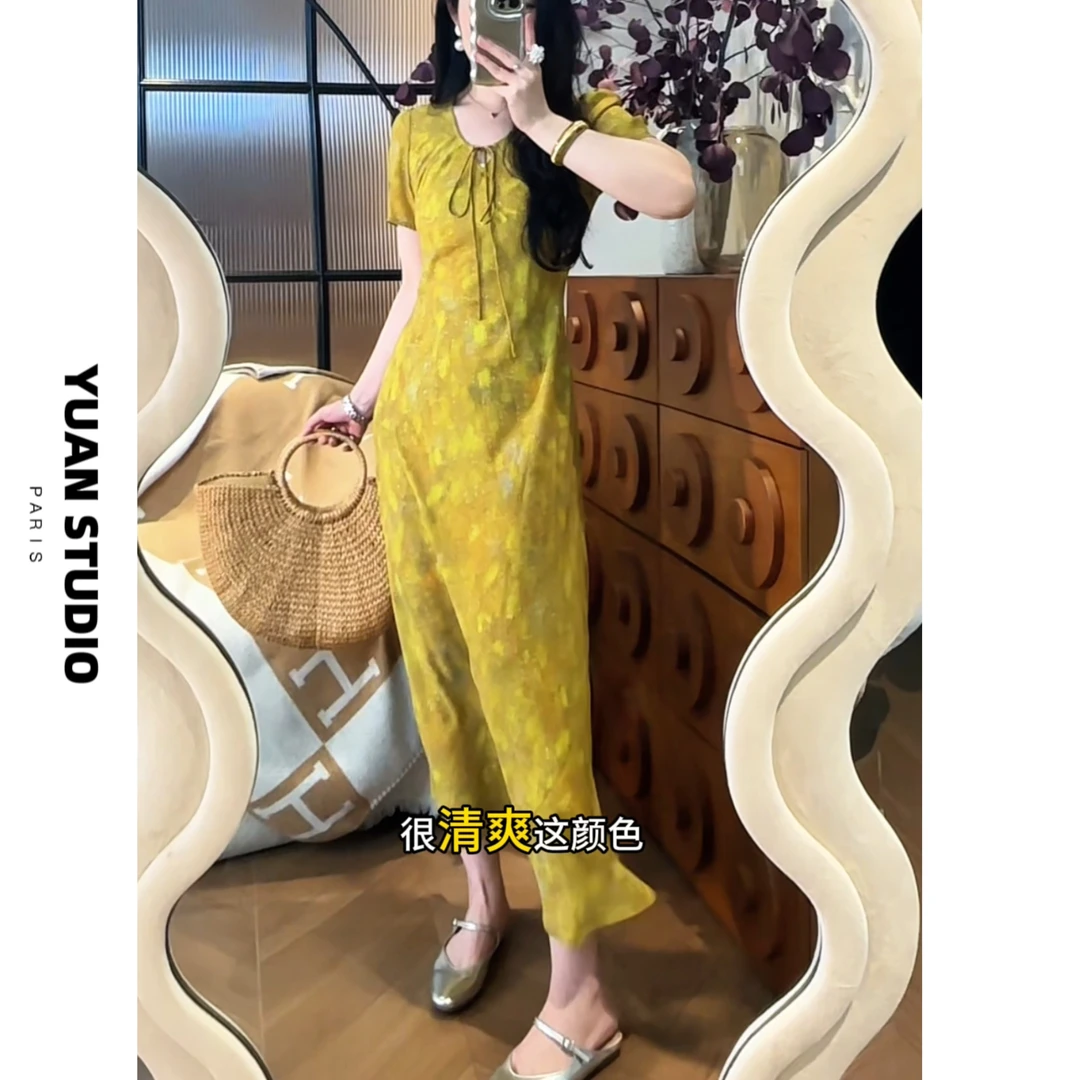 YUAN【柠檬夏日】夏季法式碎花复古斜裁显瘦遮肉短袖优雅连衣裙