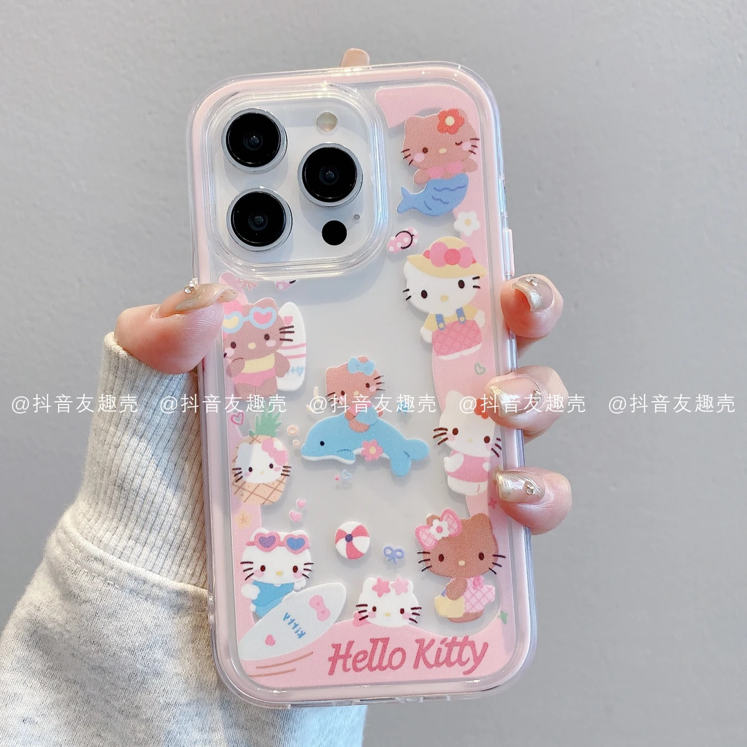 适用于苹果16pro新手机壳华为mate60/pura70三合一炫彩黑皮凯蒂潮