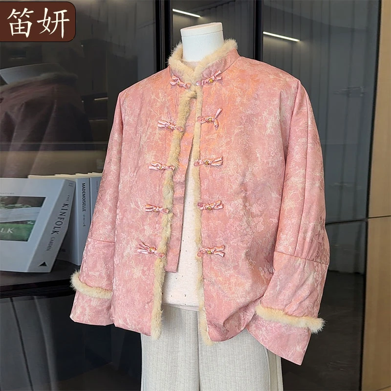 新中式国风盘扣短款棉袄外套2025新款中老年女装毛领保暖妈妈冬装