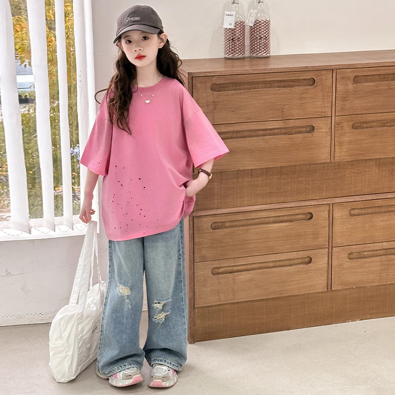 女童夏装喷墨点短袖套装薄款儿童大童夏季半袖T破洞牛仔阔腿裤子