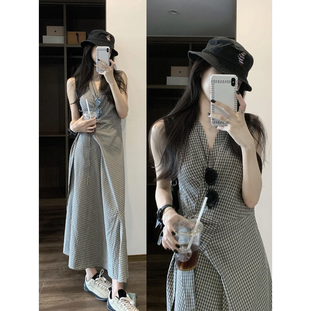 设计感交叉绑带v领背心长裙女夏装复古时尚气质减龄格子a字裙子