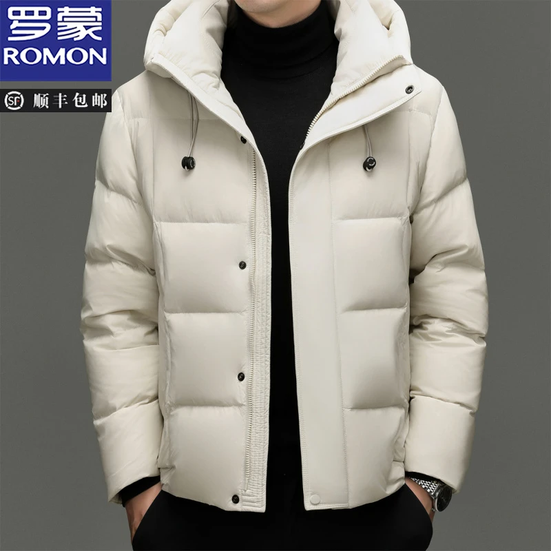 罗蒙冬季新款90%鸭绒加厚保暖连帽羽绒服男士纯色简约百搭外套