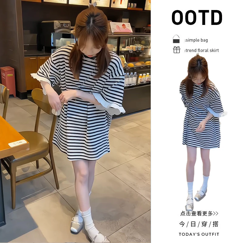 财阀千金女装2025初春新款小众法式条纹连衣裙大码花边拼接短裙子