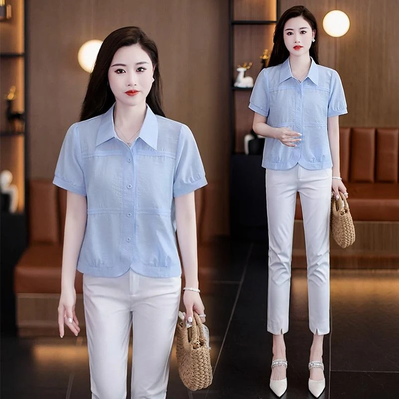 时尚休闲宽松翻领短袖衬衫女2025夏季新款洋气小个子短款衬衣小衫