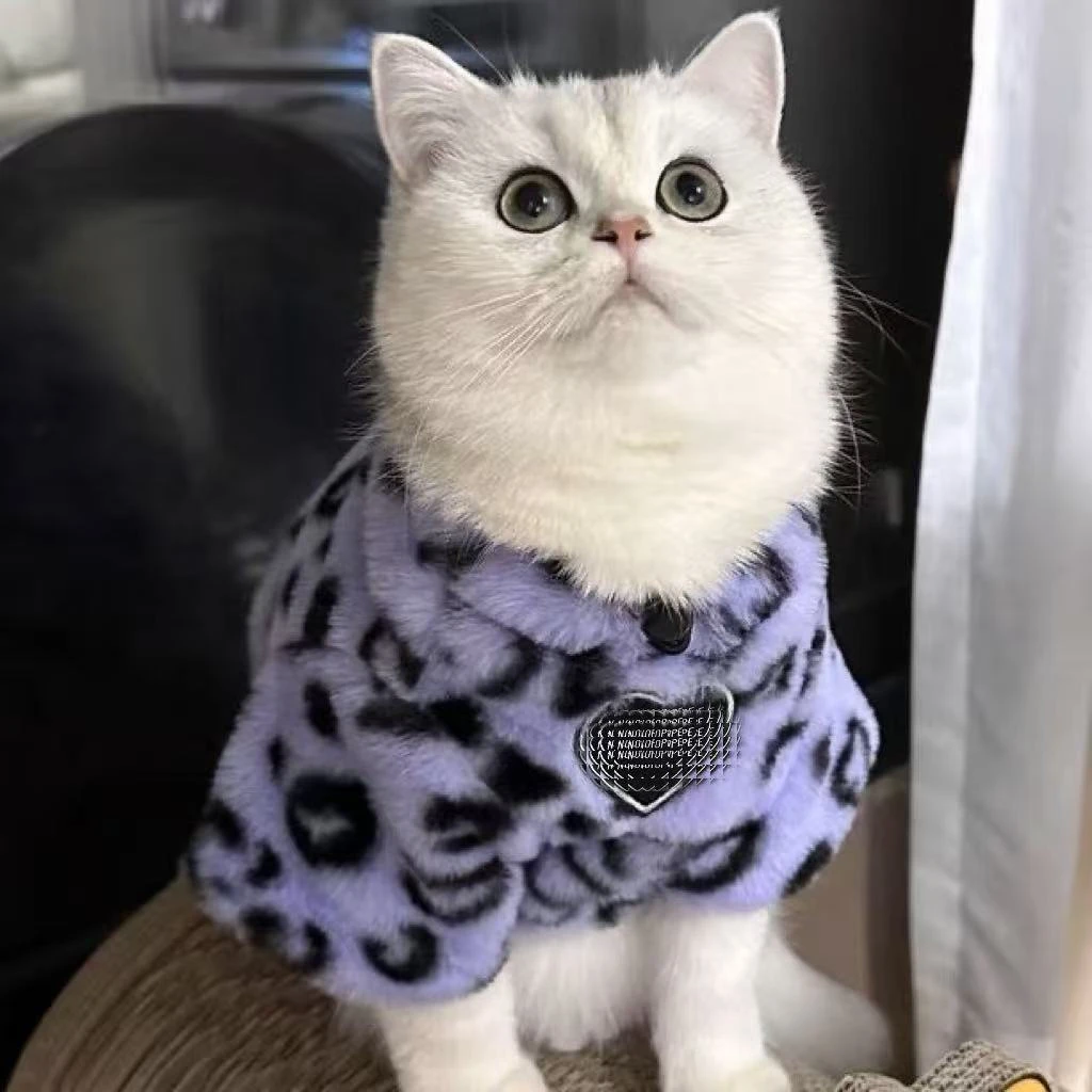 超萌猫咪衣服可爱紫色豹纹保暖冬天加绒加厚英短布偶泰迪宠物服装