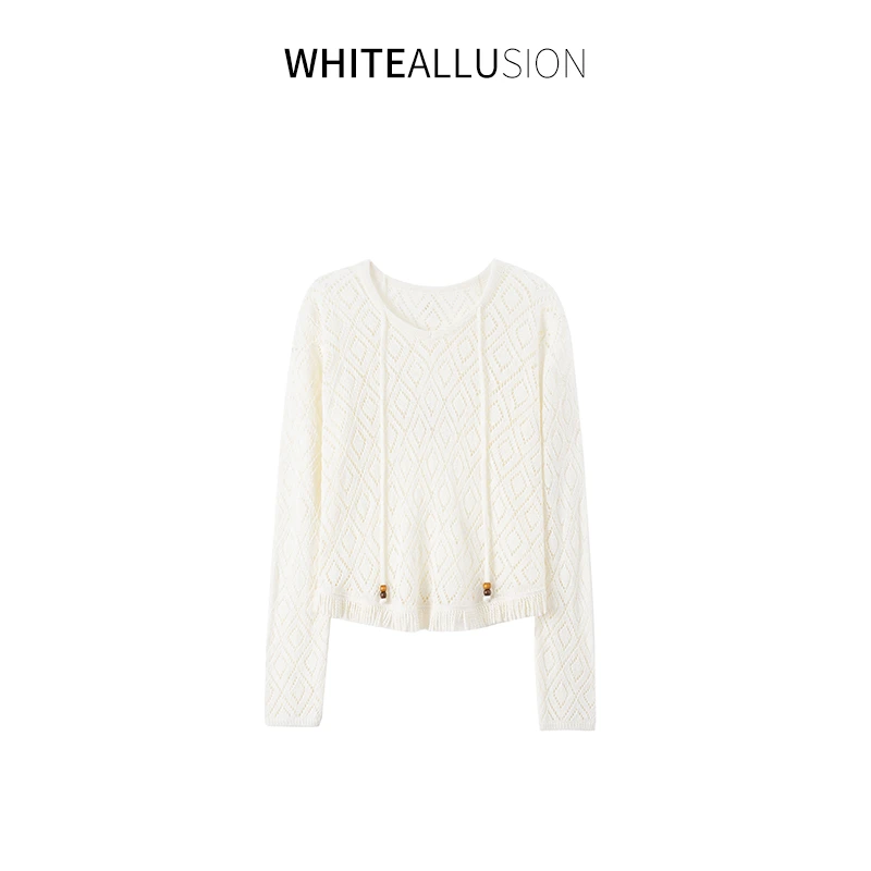 素典【度假小衫】波西米亚风杏色v领针织衫~设计款流苏镂空上衣4226