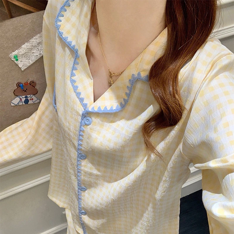 网红风黄格子长袖长裤睡衣女款春秋季爆款甜美女士休闲家居服套装