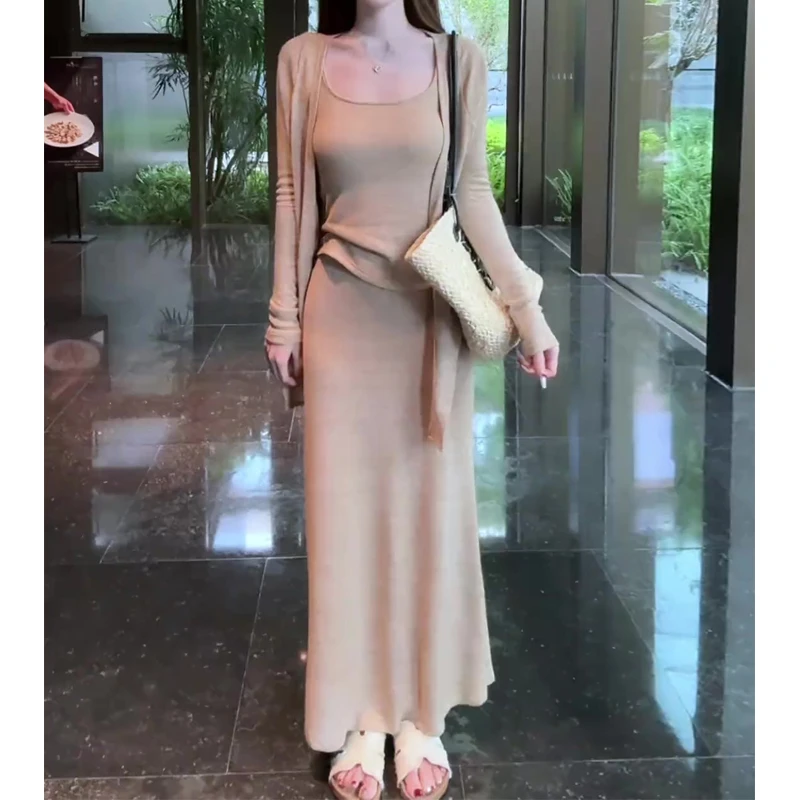 仙女风法式长袖复古时尚套装慵懒风静奢风气质性感三件套连衣裙